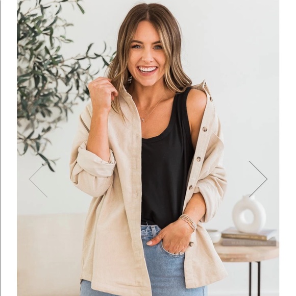 Pink Lily Jackets & Blazers - DARYLANN Denner Pink Lily Madison Jersey Lined Beige Cord Shacket